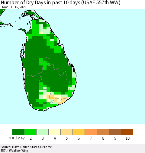 Sri Lanka Number of Dry Days in past 10 days (USAF 557th WW) Thematic Map For 11/11/2021 - 11/15/2021