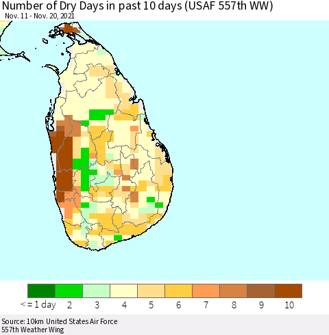 Sri Lanka Number of Dry Days in past 10 days (USAF 557th WW) Thematic Map For 11/16/2021 - 11/20/2021