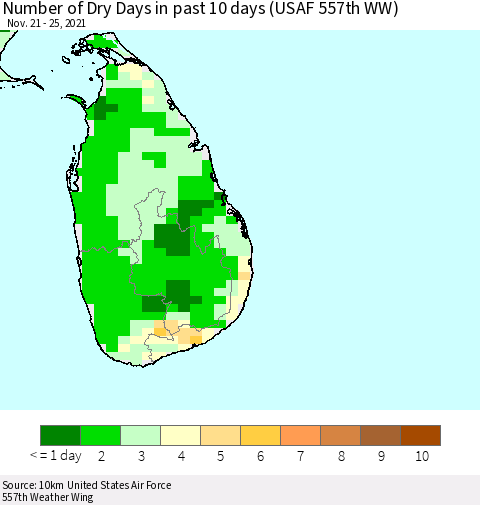Sri Lanka Number of Dry Days in past 10 days (USAF 557th WW) Thematic Map For 11/21/2021 - 11/25/2021