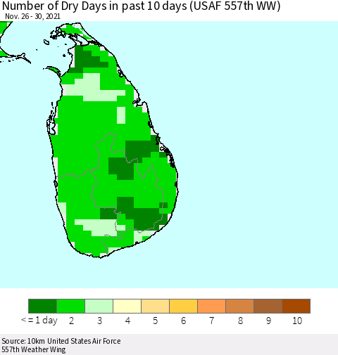 Sri Lanka Number of Dry Days in past 10 days (USAF 557th WW) Thematic Map For 11/26/2021 - 11/30/2021