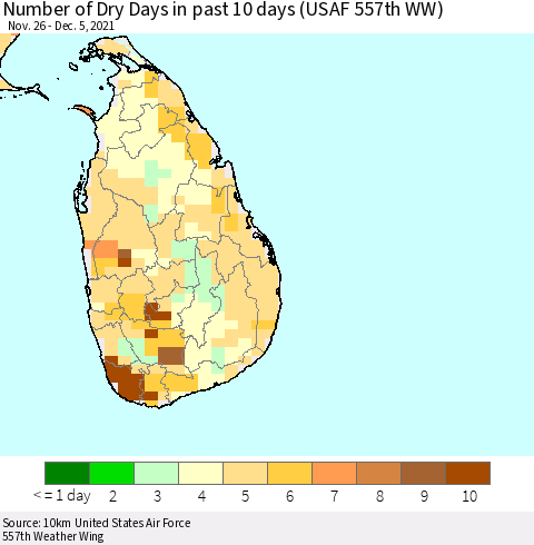 Sri Lanka Number of Dry Days in past 10 days (USAF 557th WW) Thematic Map For 12/1/2021 - 12/5/2021