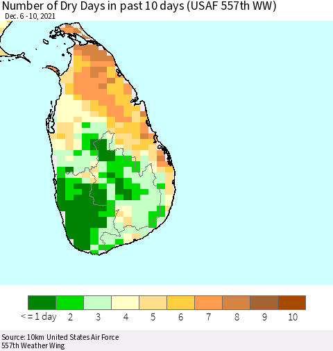 Sri Lanka Number of Dry Days in past 10 days (USAF 557th WW) Thematic Map For 12/6/2021 - 12/10/2021