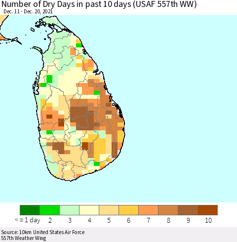 Sri Lanka Number of Dry Days in past 10 days (USAF 557th WW) Thematic Map For 12/16/2021 - 12/20/2021