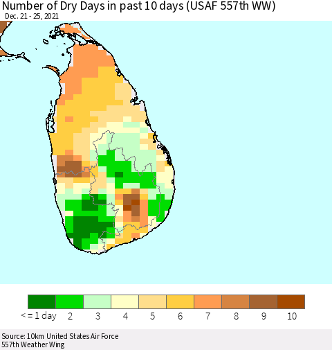 Sri Lanka Number of Dry Days in past 10 days (USAF 557th WW) Thematic Map For 12/21/2021 - 12/25/2021