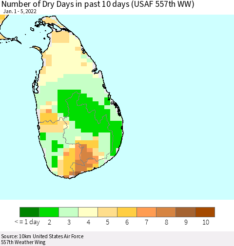 Sri Lanka Number of Dry Days in past 10 days (USAF 557th WW) Thematic Map For 1/1/2022 - 1/5/2022
