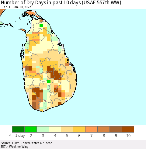 Sri Lanka Number of Dry Days in past 10 days (USAF 557th WW) Thematic Map For 1/6/2022 - 1/10/2022