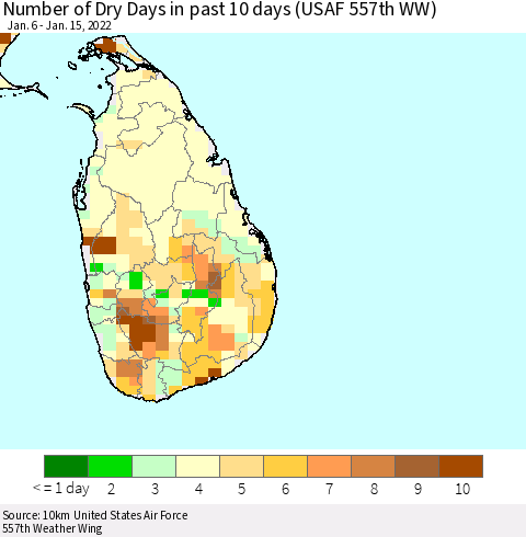 Sri Lanka Number of Dry Days in past 10 days (USAF 557th WW) Thematic Map For 1/11/2022 - 1/15/2022