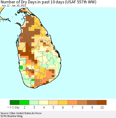 Sri Lanka Number of Dry Days in past 10 days (USAF 557th WW) Thematic Map For 1/16/2022 - 1/20/2022