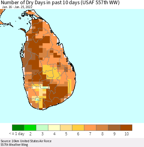 Sri Lanka Number of Dry Days in past 10 days (USAF 557th WW) Thematic Map For 1/21/2022 - 1/25/2022