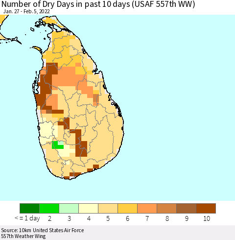 Sri Lanka Number of Dry Days in past 10 days (USAF 557th WW) Thematic Map For 2/1/2022 - 2/5/2022