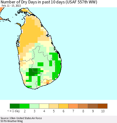Sri Lanka Number of Dry Days in past 10 days (USAF 557th WW) Thematic Map For 2/11/2022 - 2/15/2022