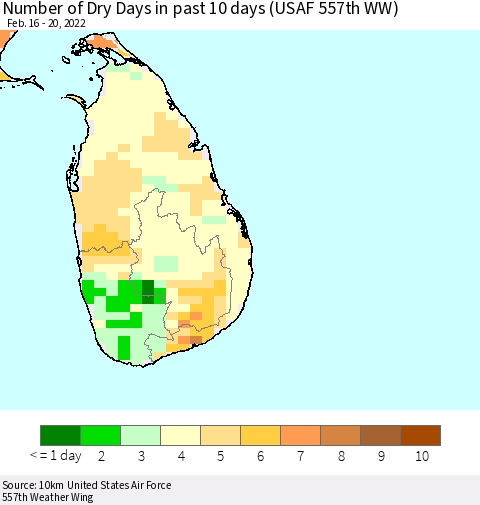 Sri Lanka Number of Dry Days in past 10 days (USAF 557th WW) Thematic Map For 2/16/2022 - 2/20/2022