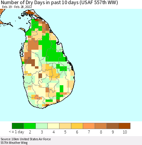 Sri Lanka Number of Dry Days in past 10 days (USAF 557th WW) Thematic Map For 2/26/2022 - 2/28/2022