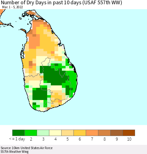 Sri Lanka Number of Dry Days in past 10 days (USAF 557th WW) Thematic Map For 3/1/2022 - 3/5/2022