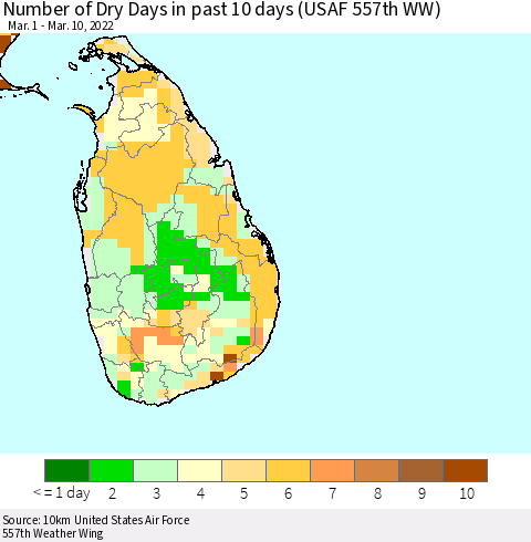 Sri Lanka Number of Dry Days in past 10 days (USAF 557th WW) Thematic Map For 3/6/2022 - 3/10/2022
