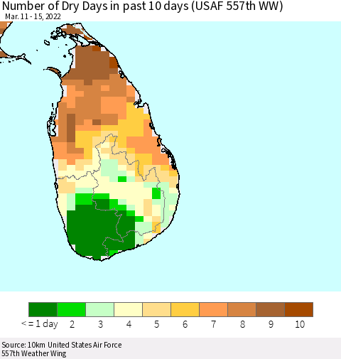 Sri Lanka Number of Dry Days in past 10 days (USAF 557th WW) Thematic Map For 3/11/2022 - 3/15/2022