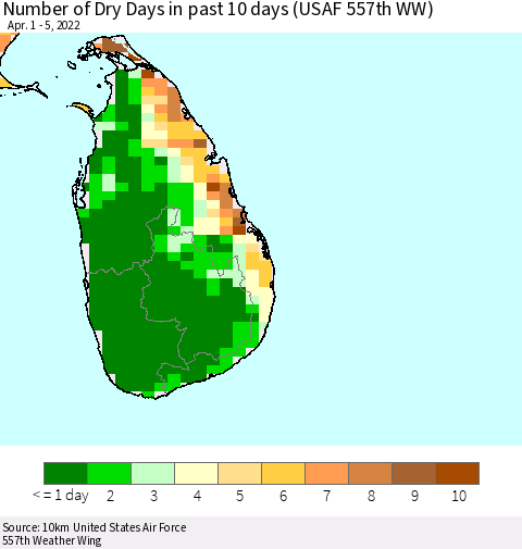 Sri Lanka Number of Dry Days in past 10 days (USAF 557th WW) Thematic Map For 4/1/2022 - 4/5/2022