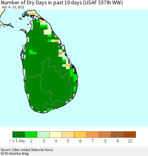 Sri Lanka Number of Dry Days in past 10 days (USAF 557th WW) Thematic Map For 4/6/2022 - 4/10/2022