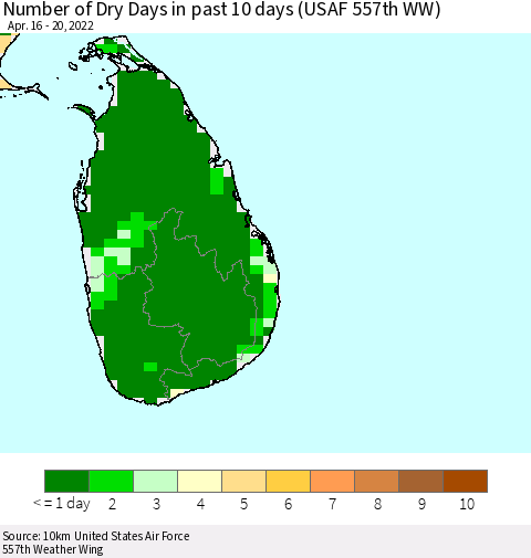 Sri Lanka Number of Dry Days in past 10 days (USAF 557th WW) Thematic Map For 4/16/2022 - 4/20/2022