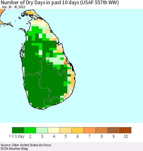 Sri Lanka Number of Dry Days in past 10 days (USAF 557th WW) Thematic Map For 4/26/2022 - 4/30/2022
