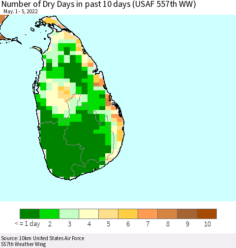 Sri Lanka Number of Dry Days in past 10 days (USAF 557th WW) Thematic Map For 5/1/2022 - 5/5/2022