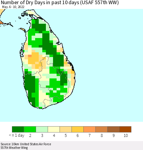 Sri Lanka Number of Dry Days in past 10 days (USAF 557th WW) Thematic Map For 5/6/2022 - 5/10/2022