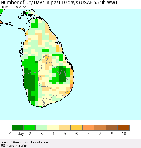 Sri Lanka Number of Dry Days in past 10 days (USAF 557th WW) Thematic Map For 5/11/2022 - 5/15/2022