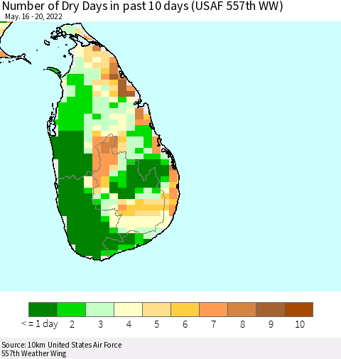 Sri Lanka Number of Dry Days in past 10 days (USAF 557th WW) Thematic Map For 5/16/2022 - 5/20/2022