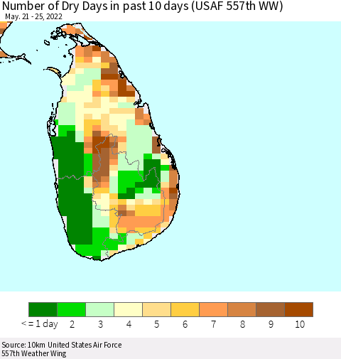 Sri Lanka Number of Dry Days in past 10 days (USAF 557th WW) Thematic Map For 5/21/2022 - 5/25/2022