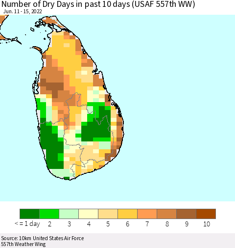 Sri Lanka Number of Dry Days in past 10 days (USAF 557th WW) Thematic Map For 6/11/2022 - 6/15/2022