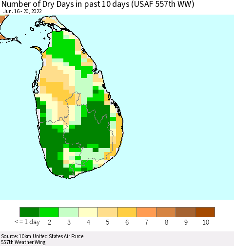 Sri Lanka Number of Dry Days in past 10 days (USAF 557th WW) Thematic Map For 6/16/2022 - 6/20/2022