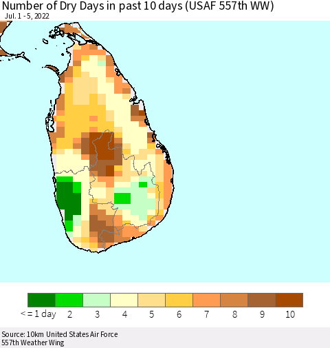 Sri Lanka Number of Dry Days in past 10 days (USAF 557th WW) Thematic Map For 7/1/2022 - 7/5/2022