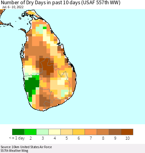 Sri Lanka Number of Dry Days in past 10 days (USAF 557th WW) Thematic Map For 7/6/2022 - 7/10/2022