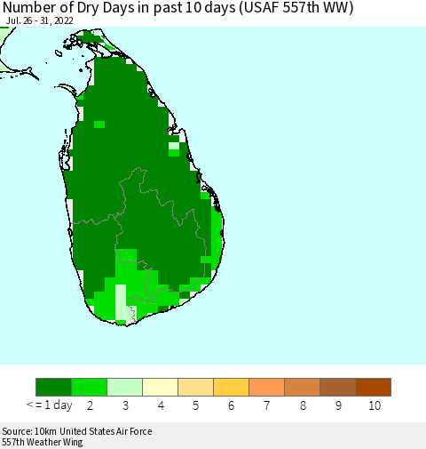 Sri Lanka Number of Dry Days in past 10 days (USAF 557th WW) Thematic Map For 7/26/2022 - 7/31/2022