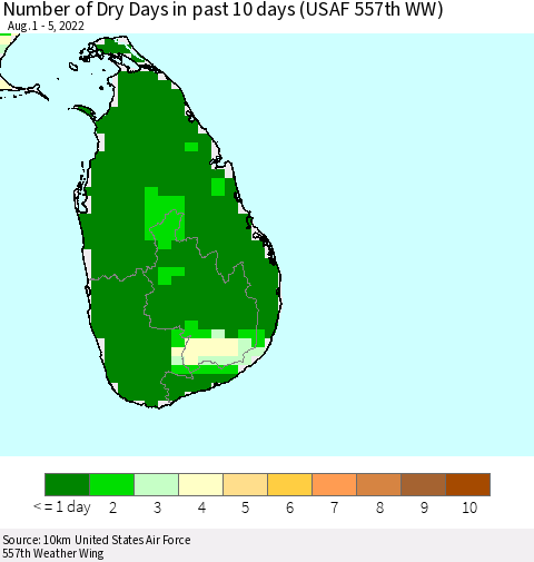 Sri Lanka Number of Dry Days in past 10 days (USAF 557th WW) Thematic Map For 8/1/2022 - 8/5/2022