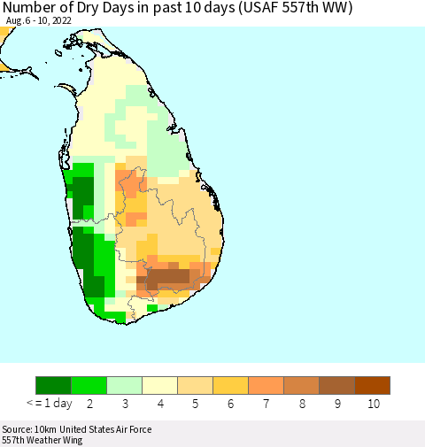 Sri Lanka Number of Dry Days in past 10 days (USAF 557th WW) Thematic Map For 8/6/2022 - 8/10/2022