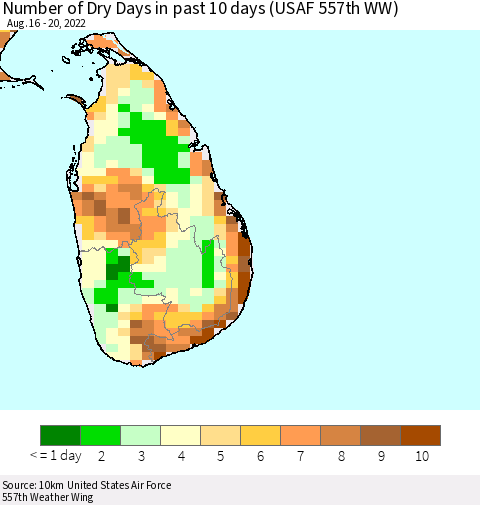 Sri Lanka Number of Dry Days in past 10 days (USAF 557th WW) Thematic Map For 8/16/2022 - 8/20/2022
