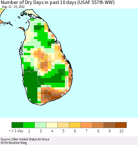 Sri Lanka Number of Dry Days in past 10 days (USAF 557th WW) Thematic Map For 8/21/2022 - 8/25/2022