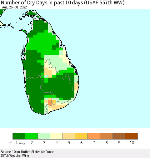 Sri Lanka Number of Dry Days in past 10 days (USAF 557th WW) Thematic Map For 8/26/2022 - 8/31/2022