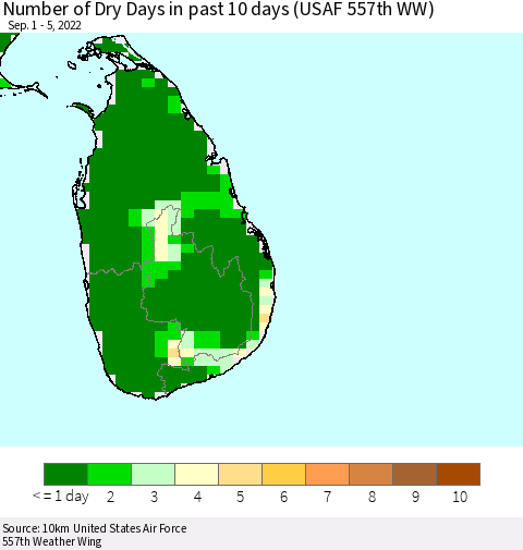Sri Lanka Number of Dry Days in past 10 days (USAF 557th WW) Thematic Map For 9/1/2022 - 9/5/2022