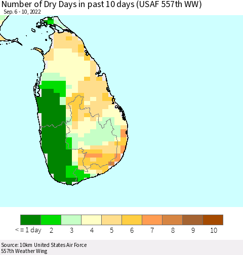 Sri Lanka Number of Dry Days in past 10 days (USAF 557th WW) Thematic Map For 9/6/2022 - 9/10/2022