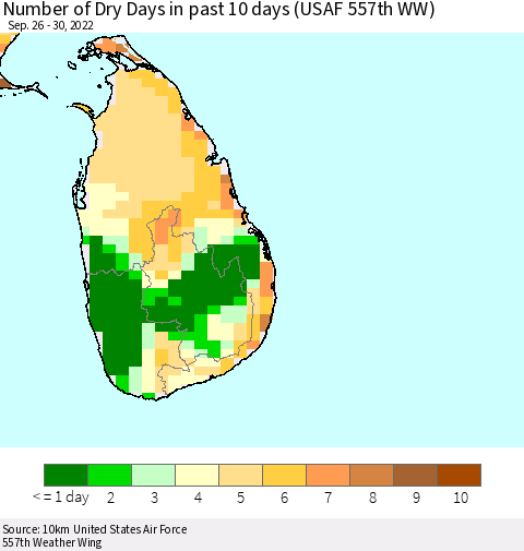 Sri Lanka Number of Dry Days in past 10 days (USAF 557th WW) Thematic Map For 9/26/2022 - 9/30/2022
