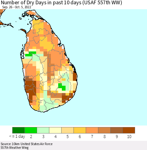 Sri Lanka Number of Dry Days in past 10 days (USAF 557th WW) Thematic Map For 10/1/2022 - 10/5/2022