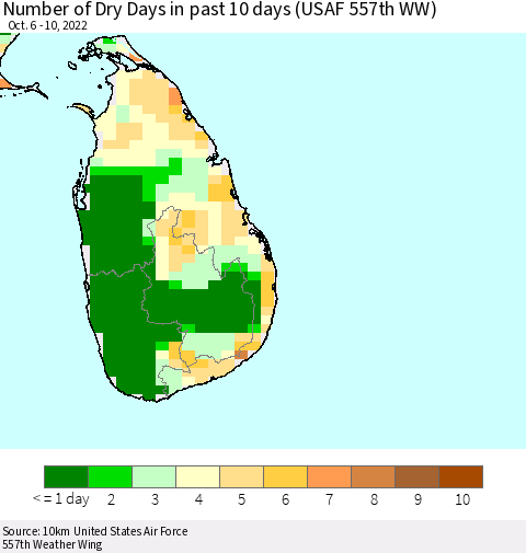 Sri Lanka Number of Dry Days in past 10 days (USAF 557th WW) Thematic Map For 10/6/2022 - 10/10/2022