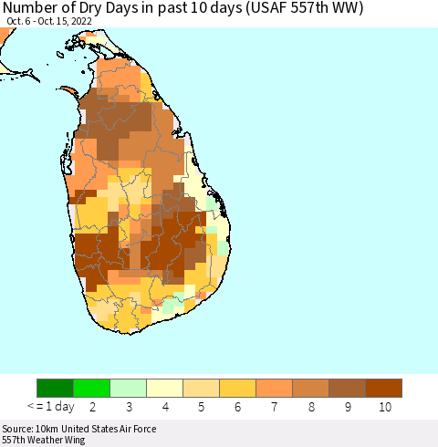 Sri Lanka Number of Dry Days in past 10 days (USAF 557th WW) Thematic Map For 10/11/2022 - 10/15/2022