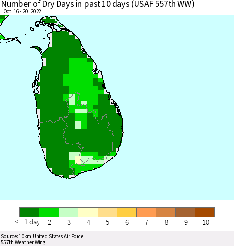 Sri Lanka Number of Dry Days in past 10 days (USAF 557th WW) Thematic Map For 10/16/2022 - 10/20/2022