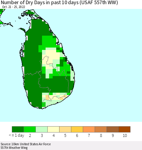 Sri Lanka Number of Dry Days in past 10 days (USAF 557th WW) Thematic Map For 10/21/2022 - 10/25/2022
