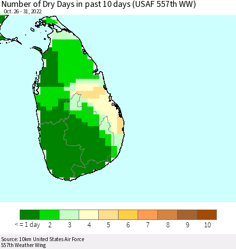 Sri Lanka Number of Dry Days in past 10 days (USAF 557th WW) Thematic Map For 10/26/2022 - 10/31/2022