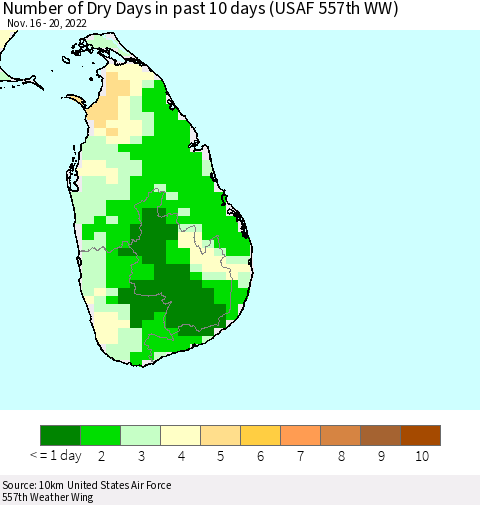 Sri Lanka Number of Dry Days in past 10 days (USAF 557th WW) Thematic Map For 11/16/2022 - 11/20/2022