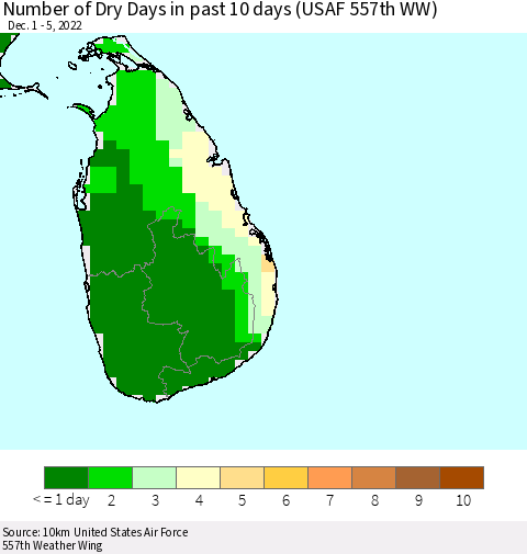 Sri Lanka Number of Dry Days in past 10 days (USAF 557th WW) Thematic Map For 12/1/2022 - 12/5/2022